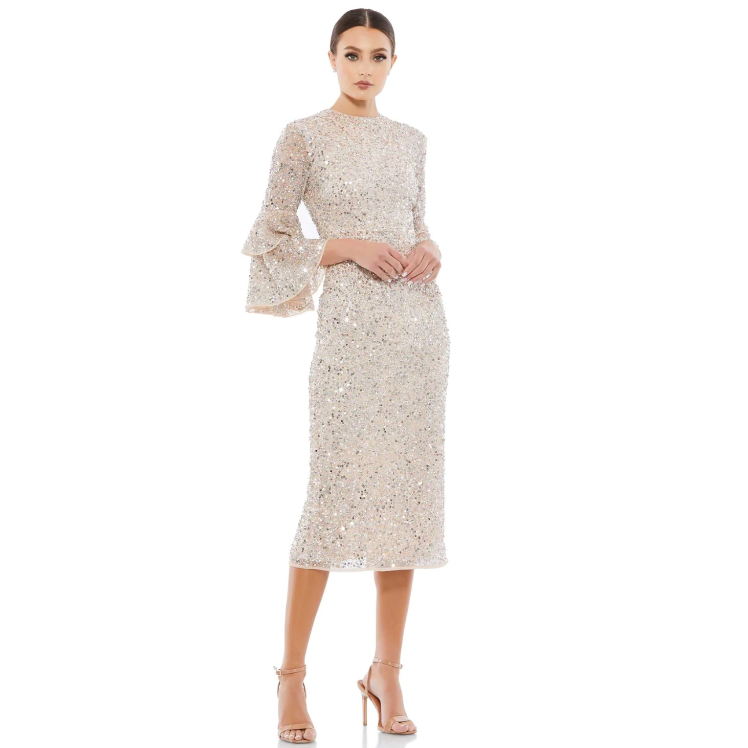 Mac Duggal 10802 Fully Sequined Ruffle Sleeve Sheath Dress Gown Midi 16 New